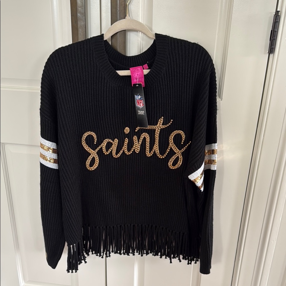 NWT QUEEN OF SPARKLES Black and Gold New Orleans Saints Crew Neck Sweater
